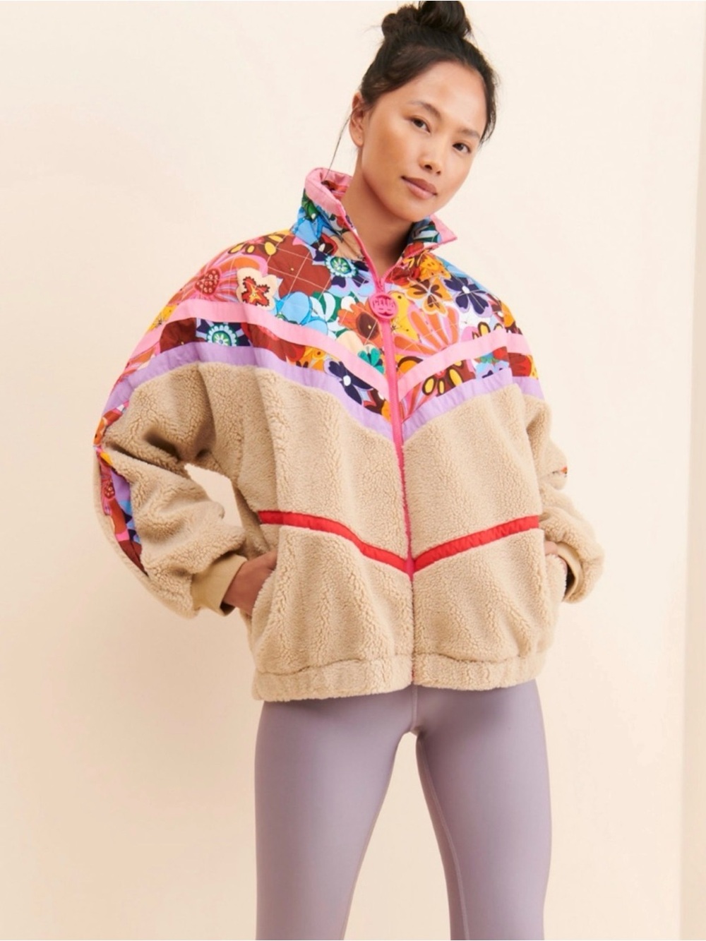 CeliaB Multicolor Bea Floral Sherpa Jacket with Pink Trim Size S